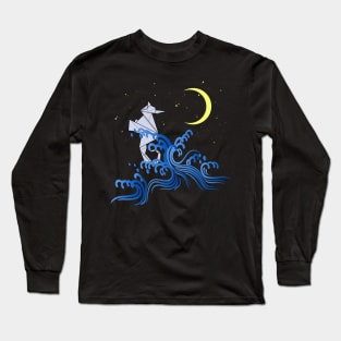 Origami seahorse with pattern, waves and moon Long Sleeve T-Shirt